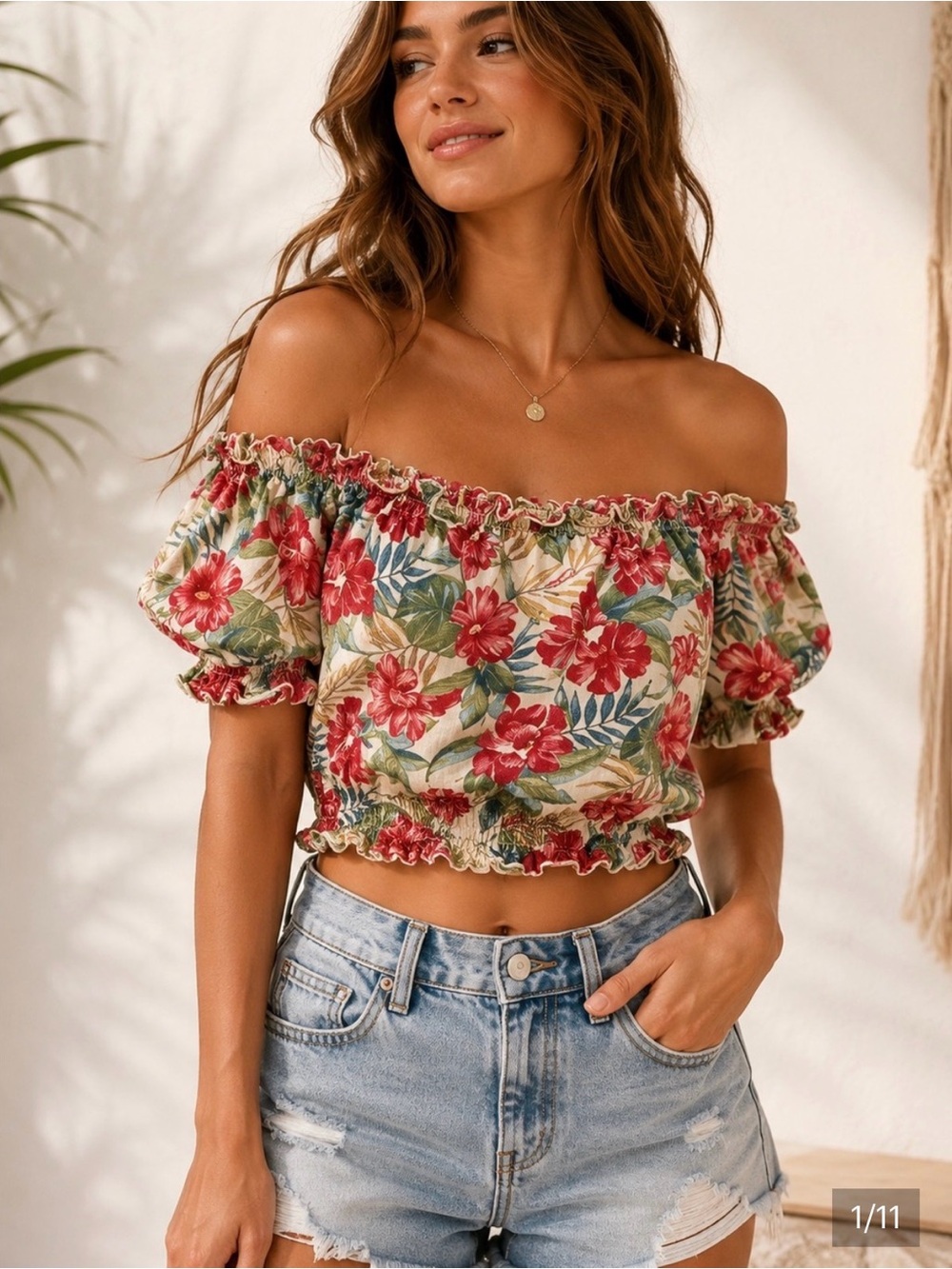 American Eagle Outfitters Cream Floral Off-Shoulder Crop Top with Red Flowers
